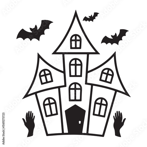 Spooky Haunted House Halloween Graphic with Bats And Hands