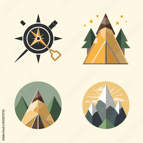 Camping and hiking themed icons with mountains and compass  