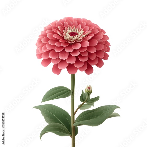 A Single Pink Zinnia Flower in Full Bloom with Bud Isolated on White Background Botanical Illustration