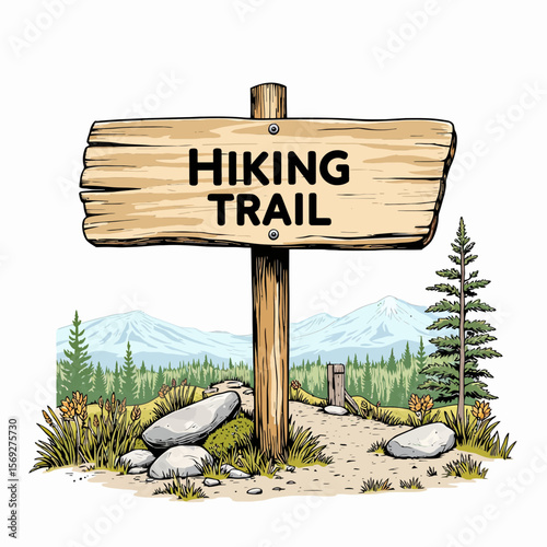 Wooden hiking trail sign in nature with mountains and trees  