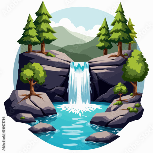 Cartoon landscape with waterfall and trees in a serene setting  