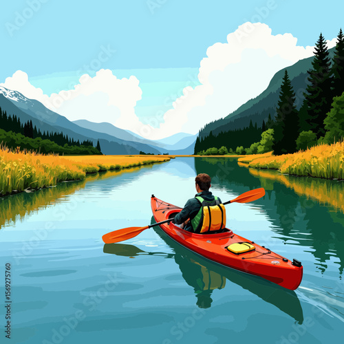 Man kayaking on calm river surrounded by mountains and greenery  