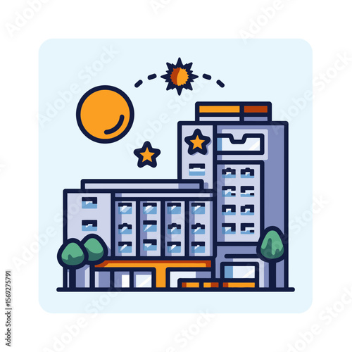 Modern building illustration with sun and stars in daytime  
