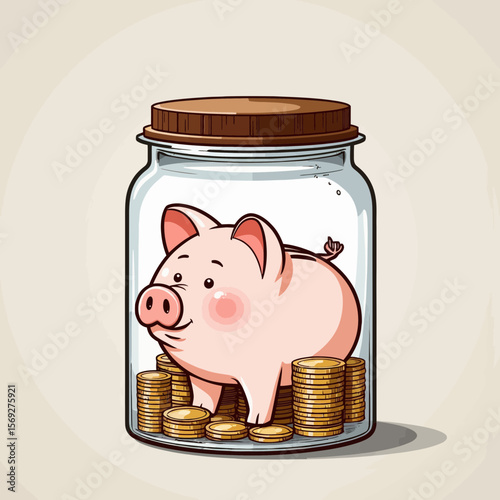Cartoon piggy bank with coins inside glass jar on light background  