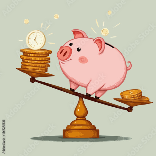 Cartoon piggy bank balancing coins and clock on scales  