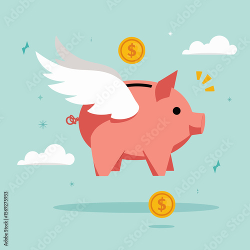 Flying piggy bank with wings and dollar coins in blue sky  