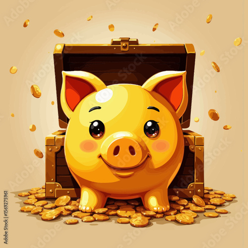 Happy yellow piggy bank next to treasure chest filled with coins  