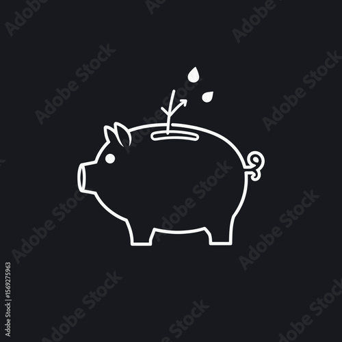 Piggy bank with a sprout growing from the slot on black background  