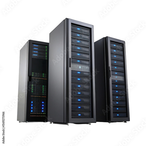 Three server racks isolated on transparent background