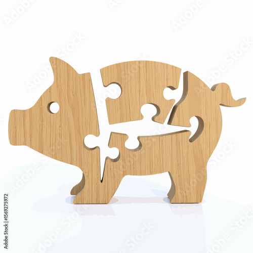 Wooden piggy bank puzzle in light color isolated on white background  