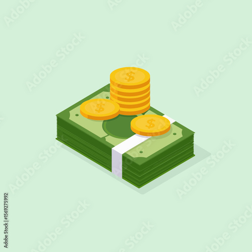 Stack of cash with gold coins on light green background  