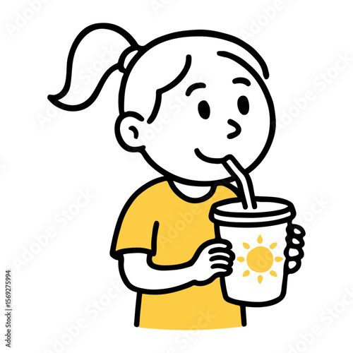 Girl Drinking from Cup with Straw. Happy Child Character in Yellow Shirt, Doodle Sketch Style Vector Illustration