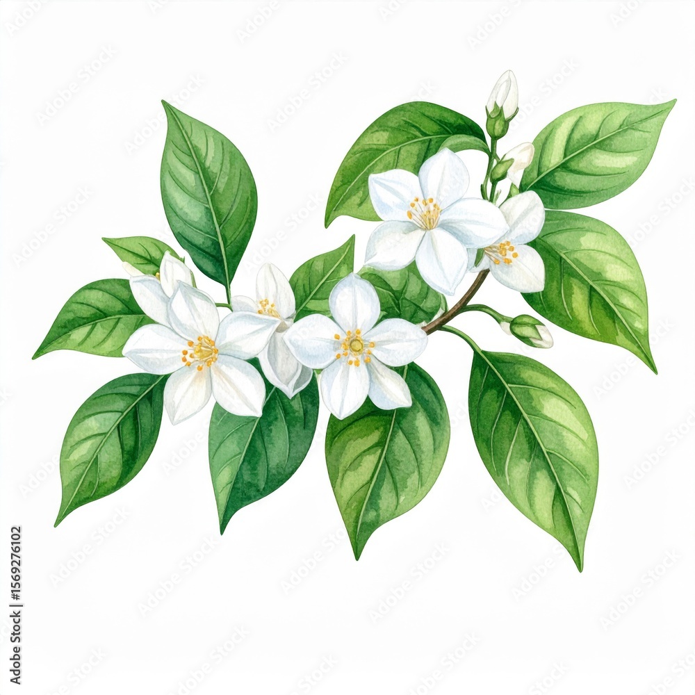 Obraz premium White Jasmine Flowers and Green Leaves Botanical Illustration