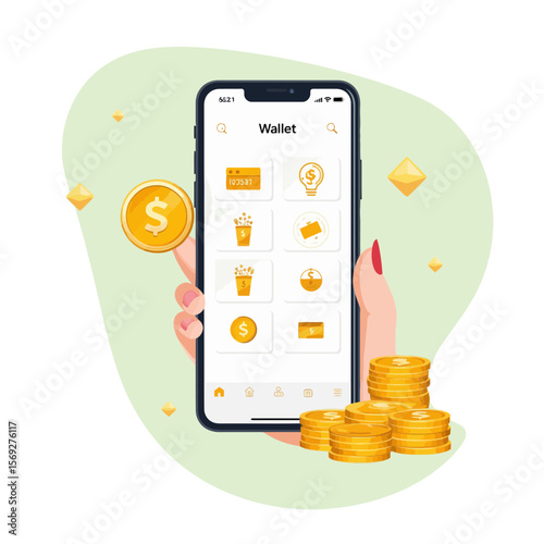 Hand holding smartphone displaying digital wallet with coins  