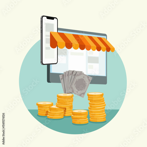 Online shopping app displaying money and coins with cash stacks  