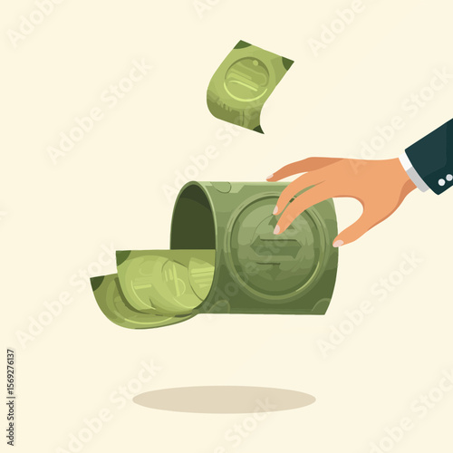 Hand placing money bills into a container on neutral background  