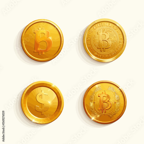 Golden coins featuring Bitcoin and dollar symbols in realistic style  