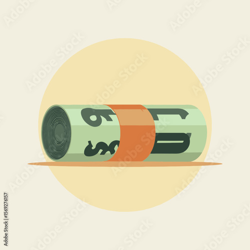 Roll of cash secured with an orange band on a beige background  