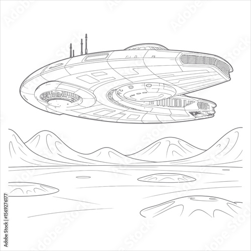 Futuristic hovercraft over an otherworldly landscape of rolling hills.