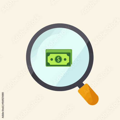 Magnifying glass examining dollar bill illustration in flat design  