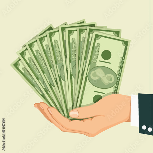Hand holding fanned out dollar bills against a neutral background  