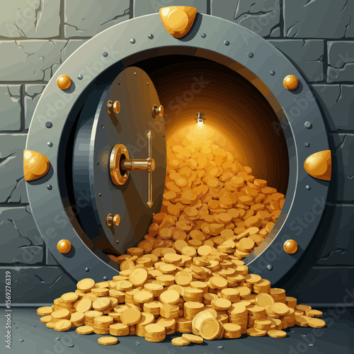 Gold coins spilling from open vault door in a stone wall  