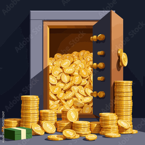 Safe filled with gold coins and stacks of cash on dark background  