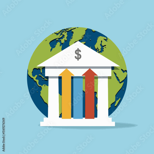 Financial growth concept with bank building and global map background  