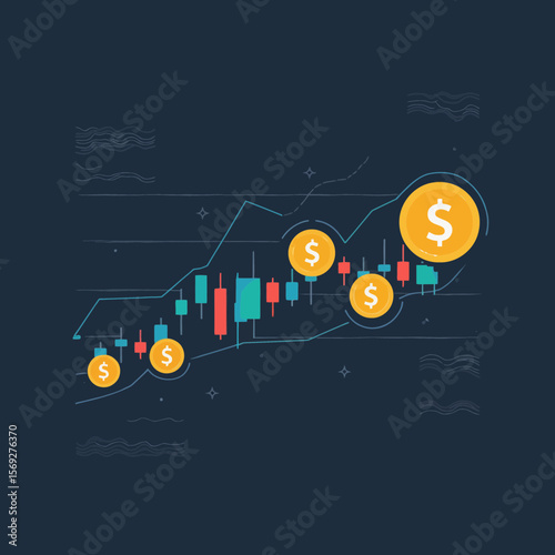 Financial growth chart with dollar coins and candlestick patterns  