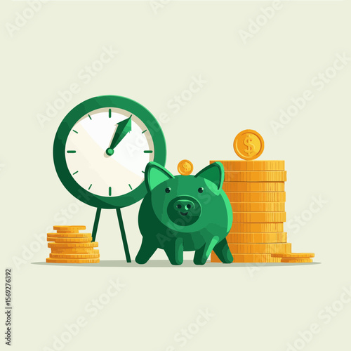 Green piggy bank with coins and clock representing savings concept  