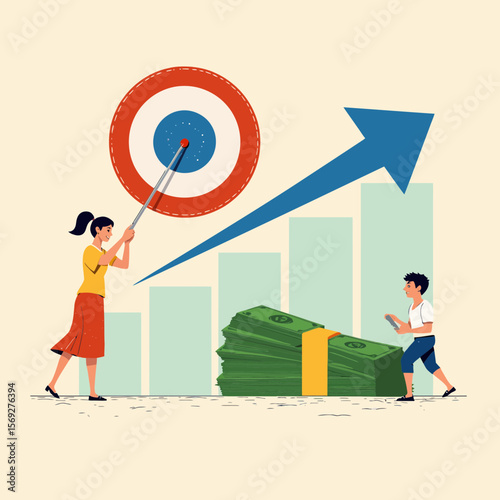 Woman aiming at target while child plays near stack of money  