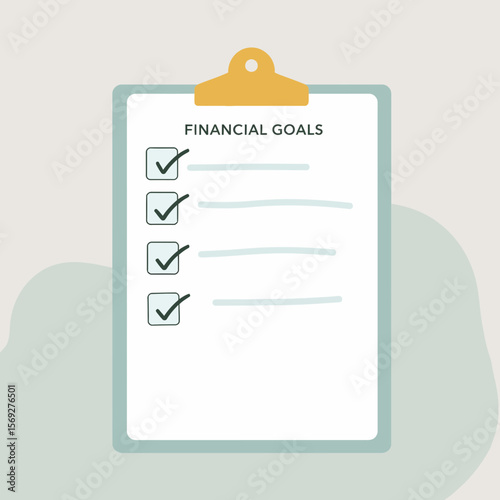 Financial goals checklist on clipboard with green background  