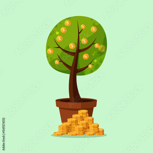 Tree with coins growing in pot and gold coins stacked below  