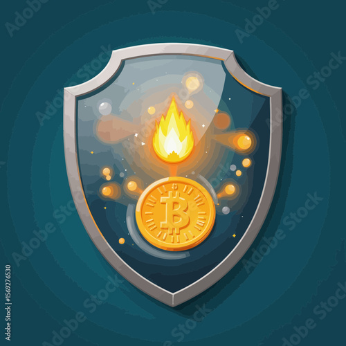 Digital shield with Bitcoin symbol and flame illustration  