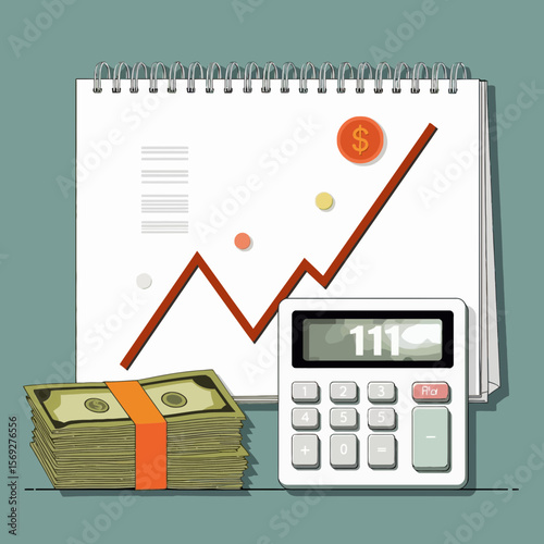 Stack of cash and calculator with financial growth chart on notebook  