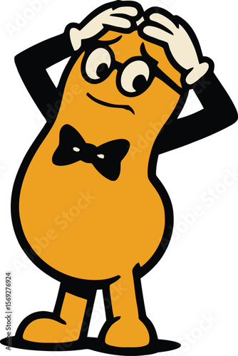 Nervous peanut character wearing glasses and bow tie.