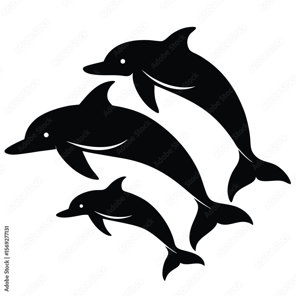 Fototapeta premium Silhouette of a Dolphin Pod Swimming Together in the Ocean Vector Illustration