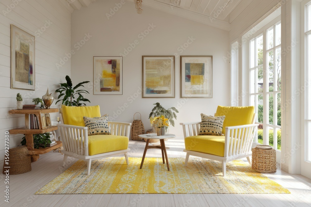 Fototapeta premium Bright Sunroom with Yellow Armchairs, Matching Rug, Art Pieces, and Natural Light