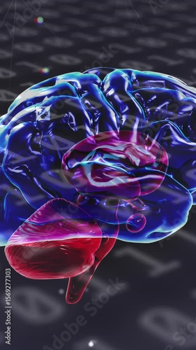 Digital animation of human brain spinning against binary coding data processing on grey background