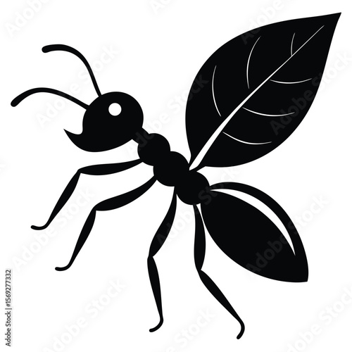 Minimalist Silhouette of an Ant Carrying a Leaf Vector Illustration Design