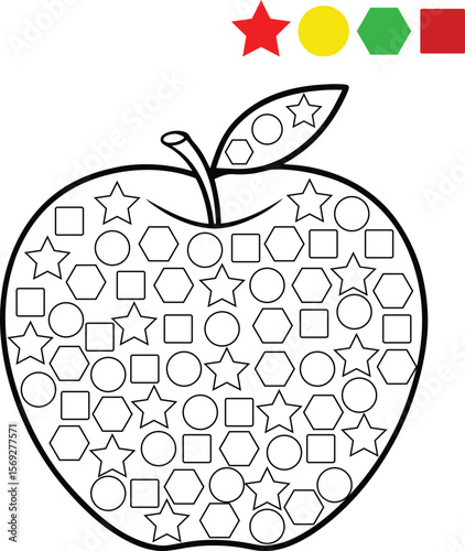 Apple Coloring Page with Geometric Shapes for Kids Learning Activity