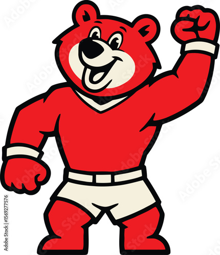 Strong red bear mascot flexing confidently.
