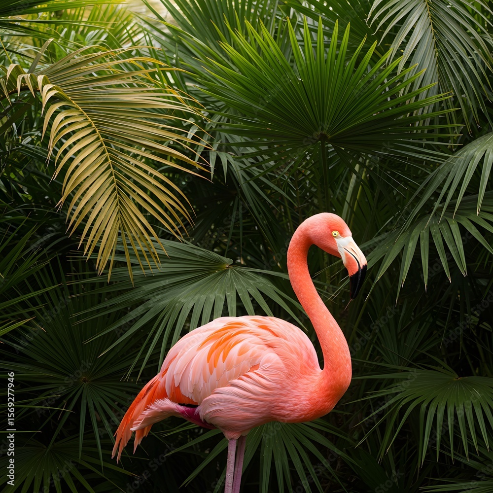 Fototapeta premium Pink Flamingo Amid Lush Green Palm Fronds