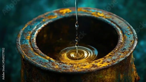 Water cascading into a rusty, antique can
