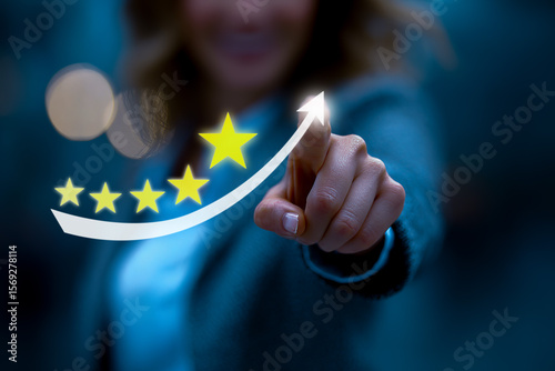 Customer satisfaction and five-star rating concept with businesswoman pointing at rising arrow and stars, representing performance improvement, quality feedback, and service excellence