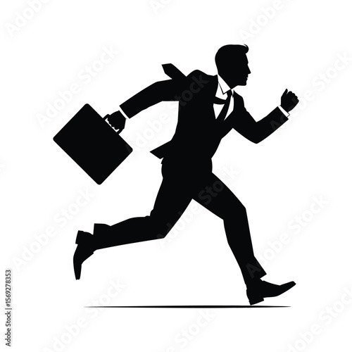 Silhouette of a businessman running with briefcase business speed success