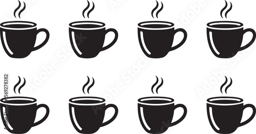 Eight steaming coffee cups illustration perfect for cafe menus, websites or mugs