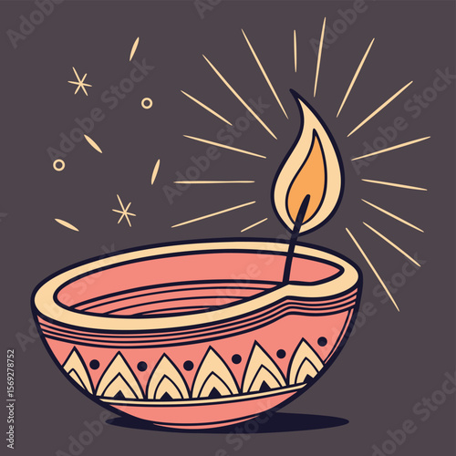 Diya Illustration: A warm illustration of a Diya (oil lamp) with radiating light, celebrating the festival of lights. capturing the essence of illumination and cultural symbolism.