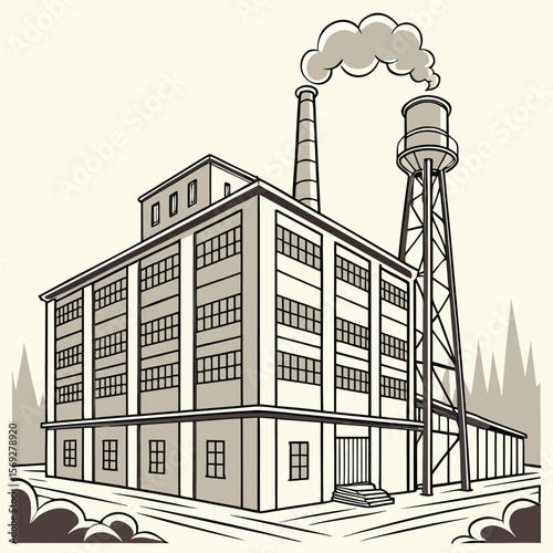 Industrial Marvel: A vintage illustration captures the imposing facade of a factory, its smokestacks puffing diligently amidst the towering presence of a water tower and its surrounding factory.