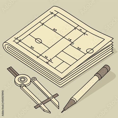 Blueprint with Compass and Pencil: Detailed blueprint design showcasing precision engineering and architectural planning, accompanied by a compass and pencil, symbolizing meticulous craftsmanship.